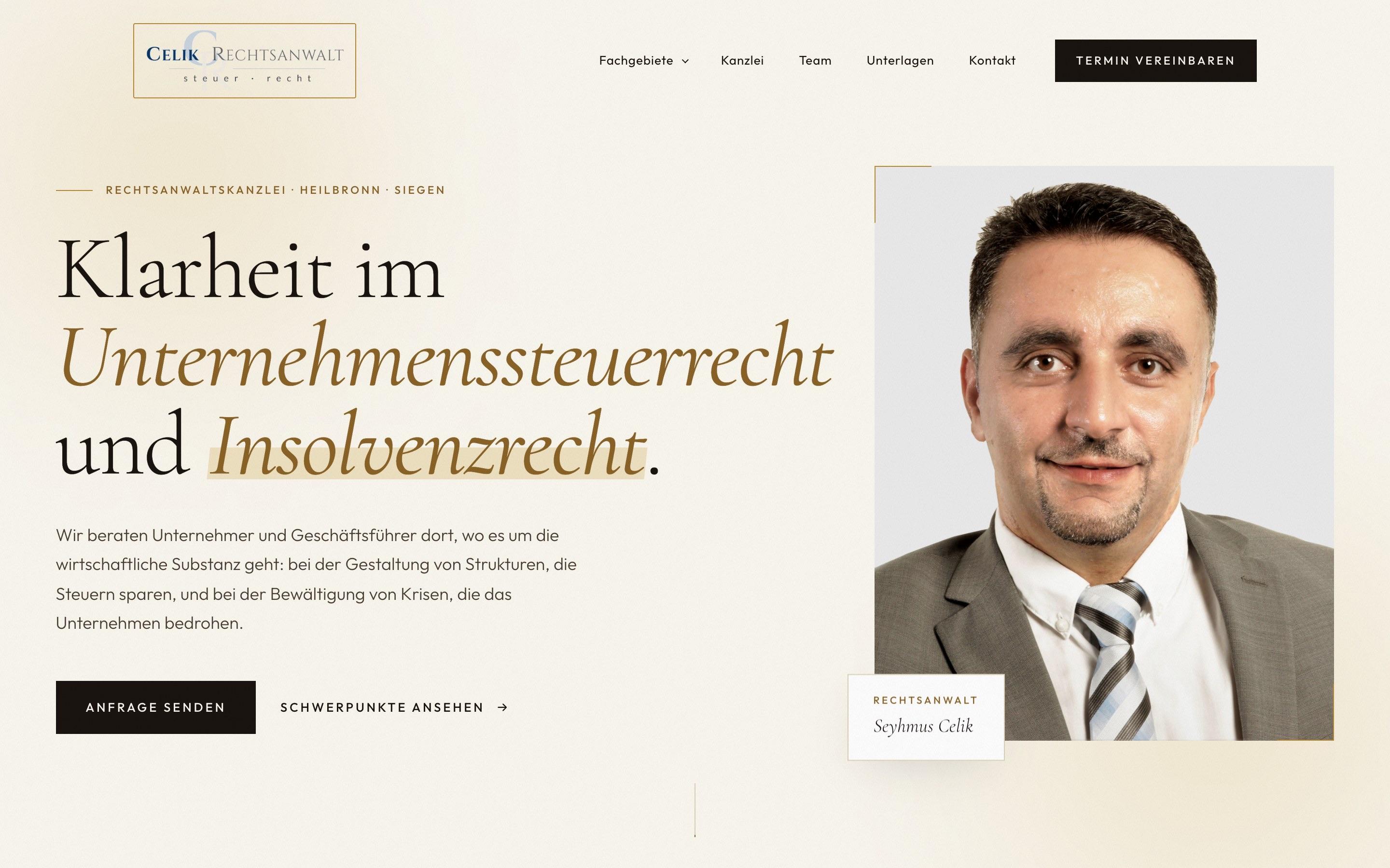 Startseite der Website von Rechtsanwaltskanzlei Celik am Desktop, gebaut von D&N Marketing