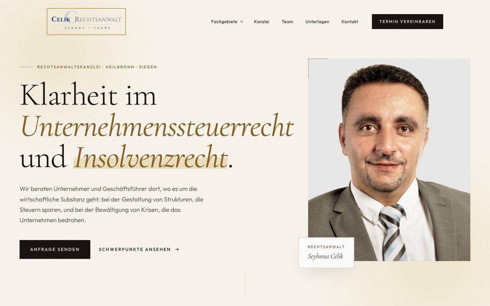 Startseite der Website der Rechtsanwaltskanzlei Celik, gebaut von D&N Marketing