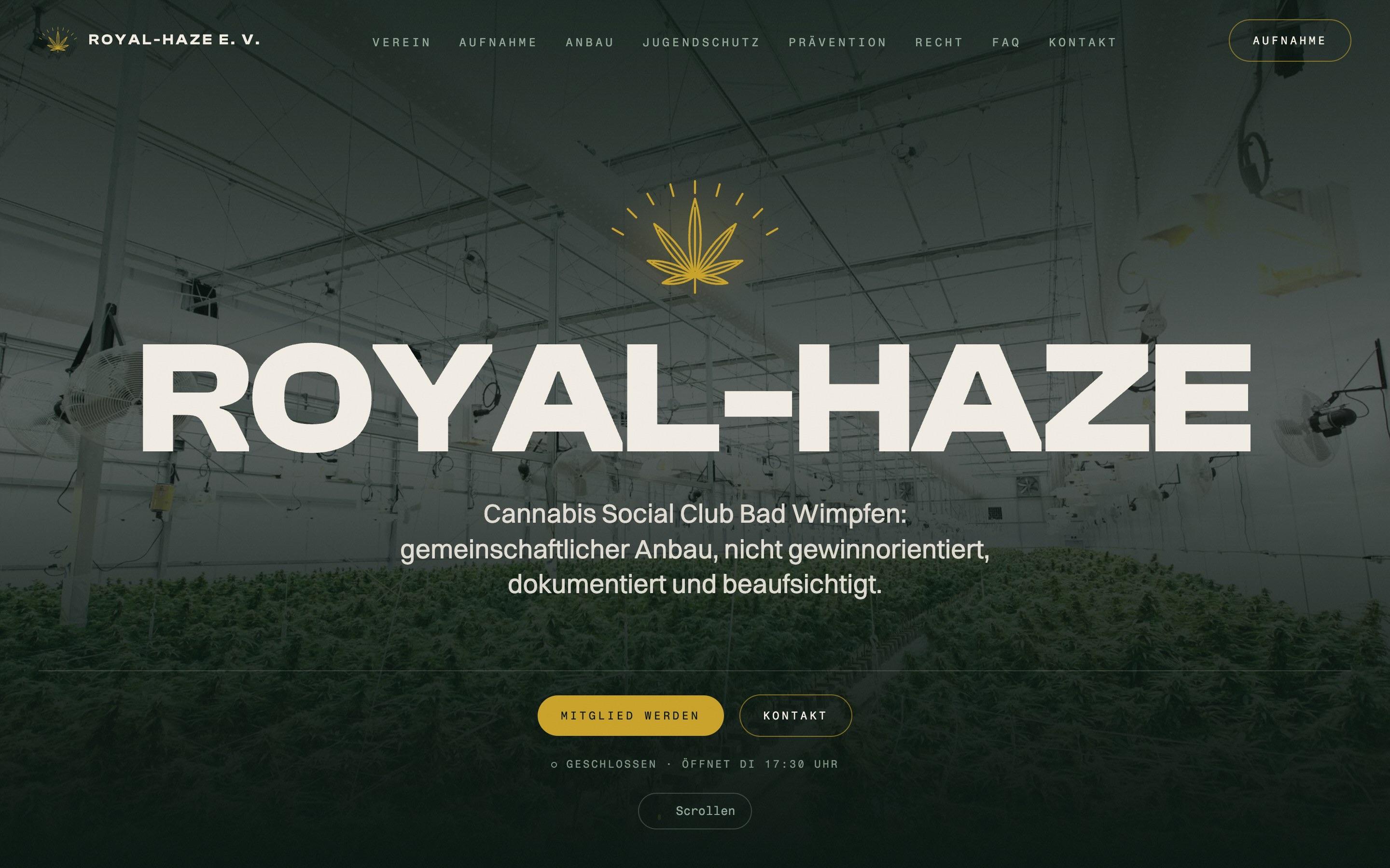 Startseite der Website von Royal-Haze e. V. am Desktop, gebaut von D&N Marketing