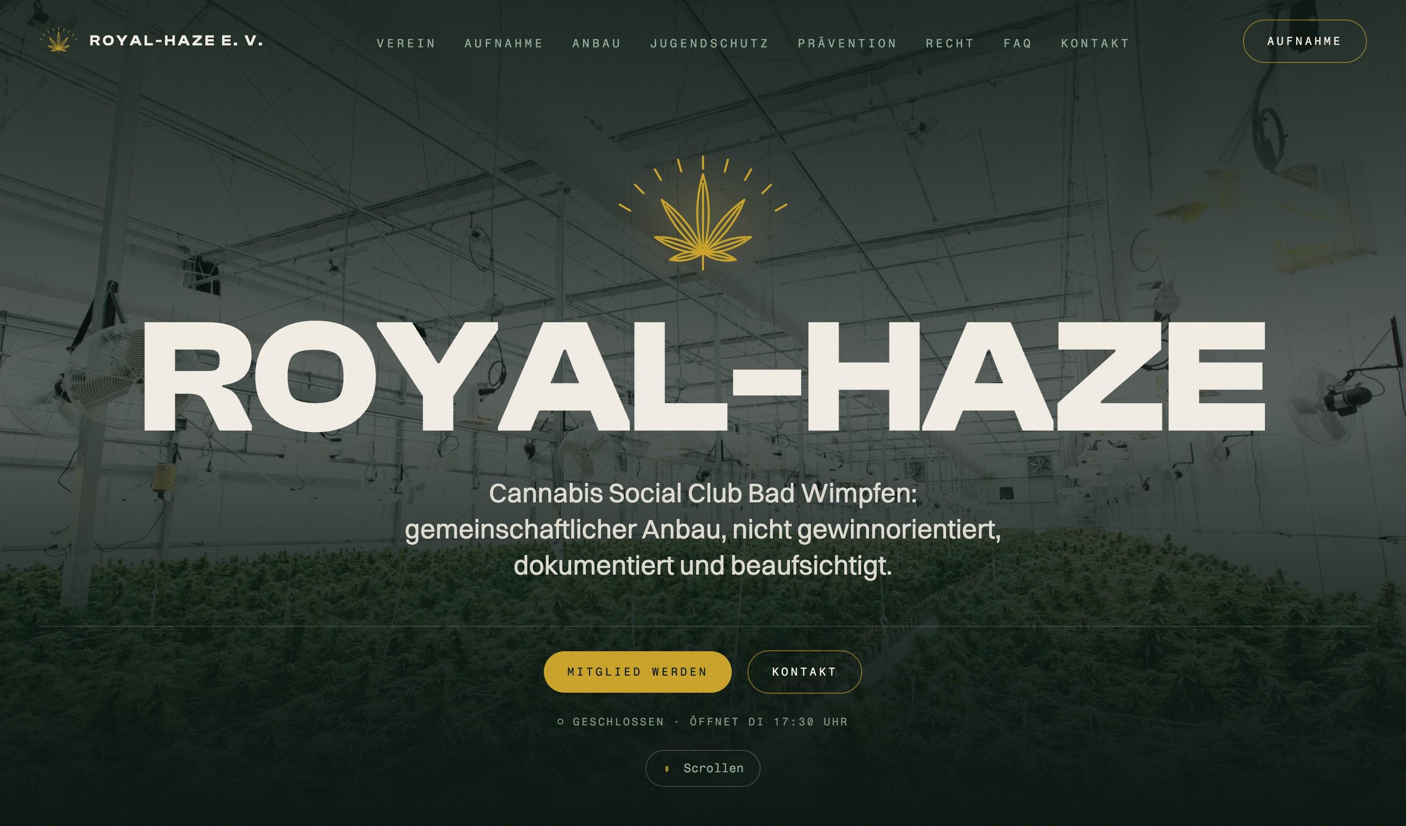 Startseite der Website von Royal-Haze e. V., gebaut von D&N Marketing